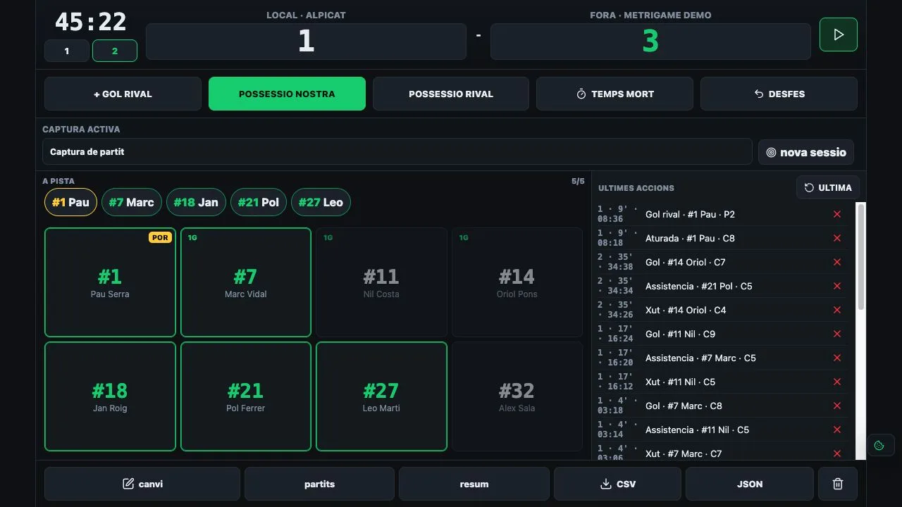 Metrigame live capture screen with players, actions and match clock
